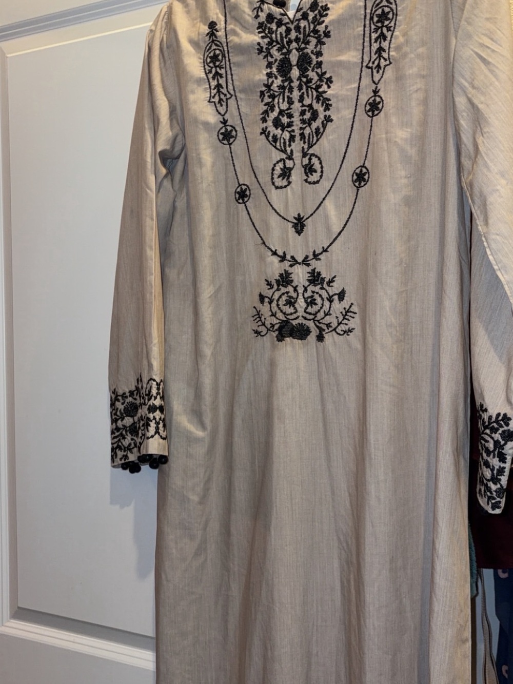 Embroidery-Detail Maxi Dress in Beige with Black Accents